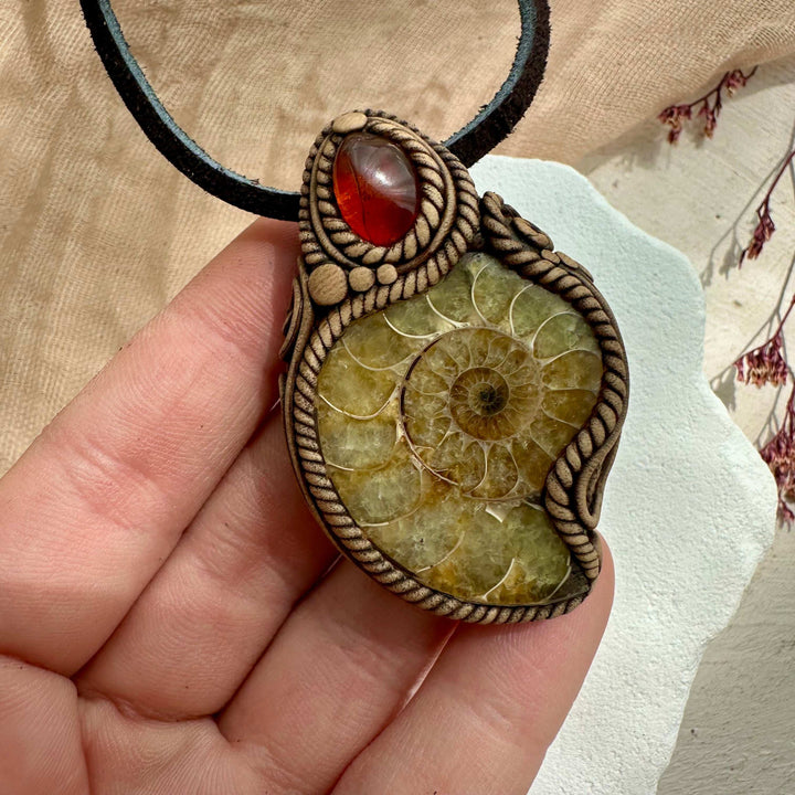 Ammonite and Baltic Amber Pendant - FairyGardenGlow