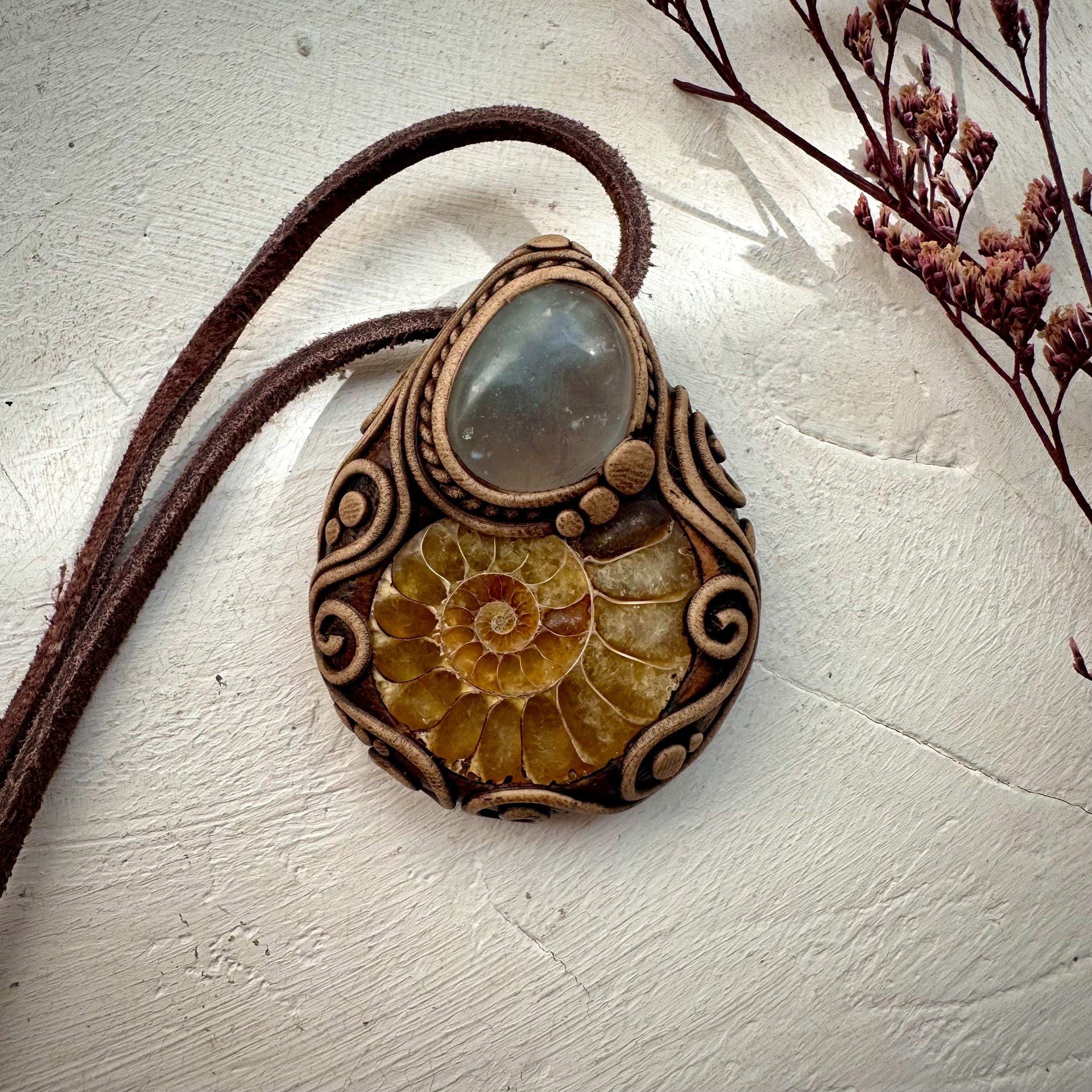 Ammonite and Celestite Pendant Necklace - FairyGardenGlow