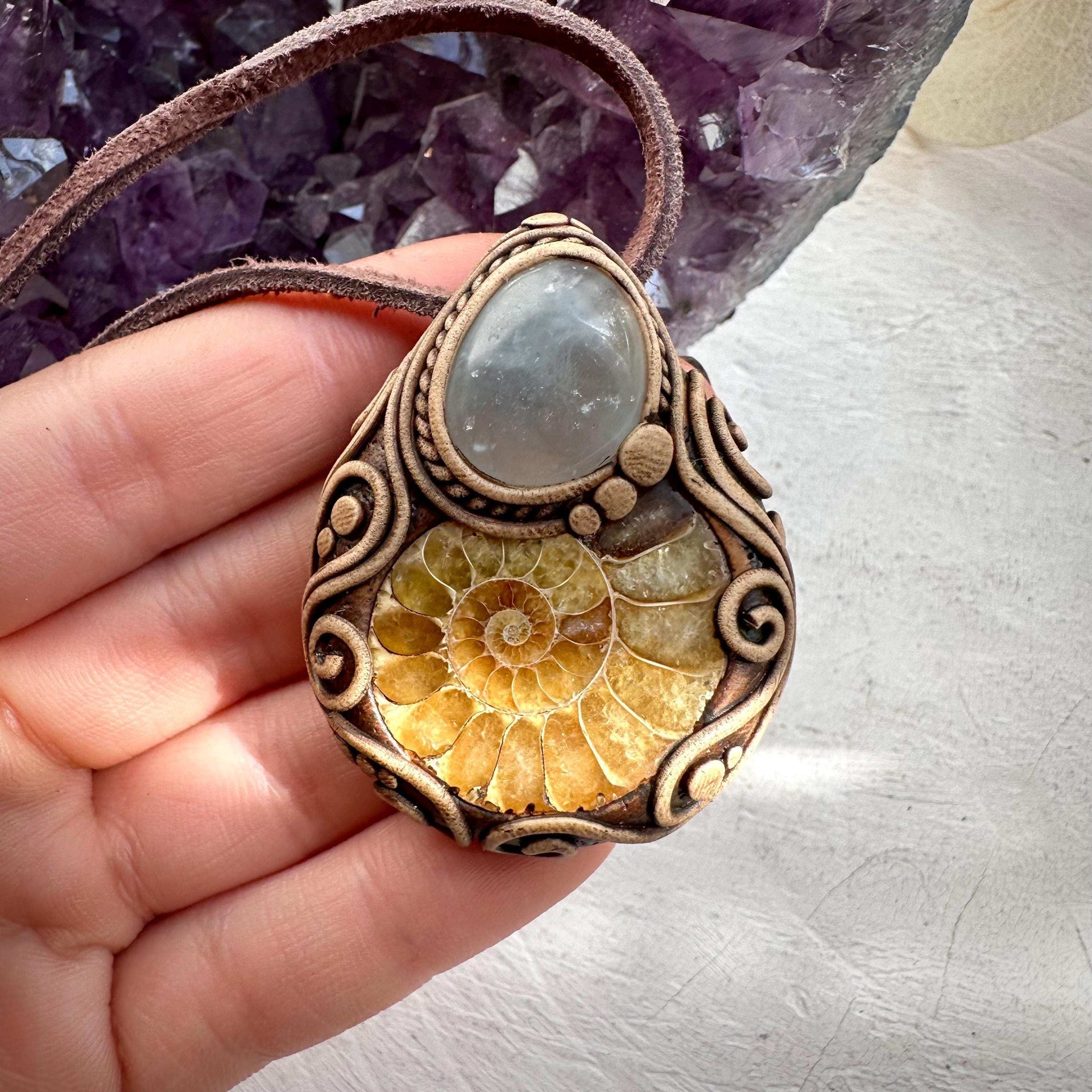 Ammonite and Celestite Pendant Necklace - FairyGardenGlow
