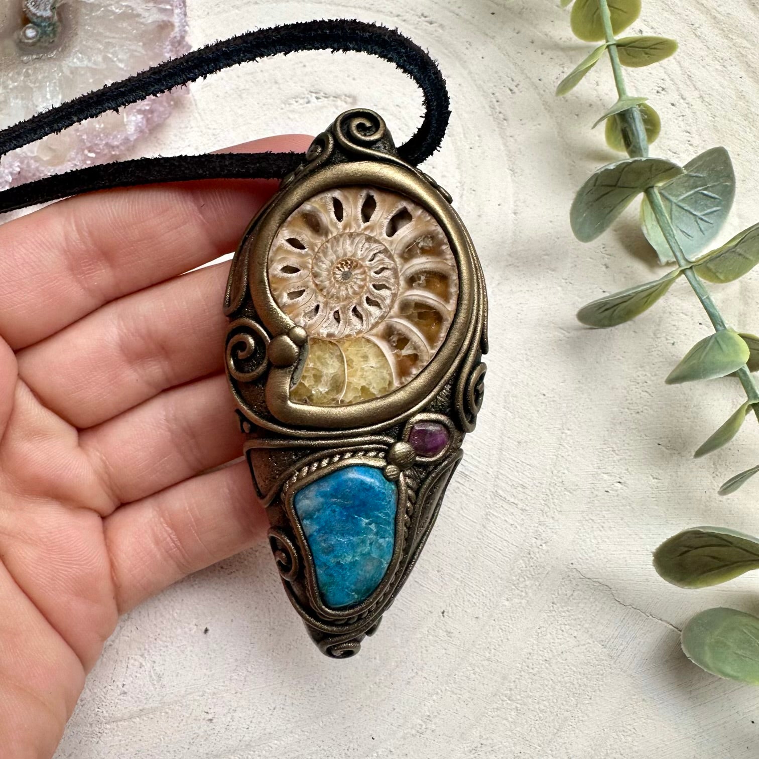 Ammonite chrysocolla and ruby pendant necklace
