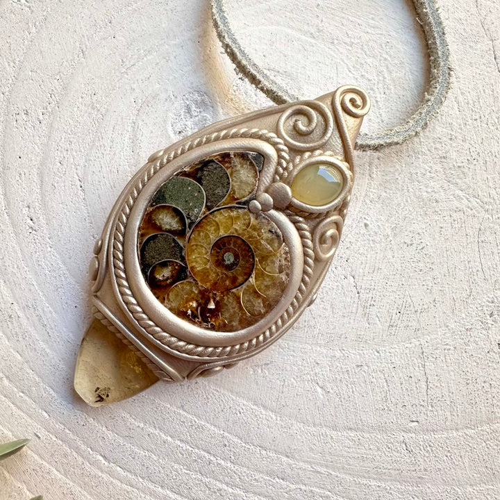 Handmade gemstone necklace with ammonite citrine and chalcedony spiritual jewelry