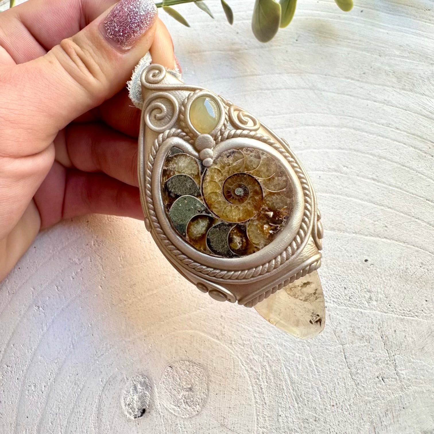 Ammonite with Citrine and Chalcedony handmade crystal necklace