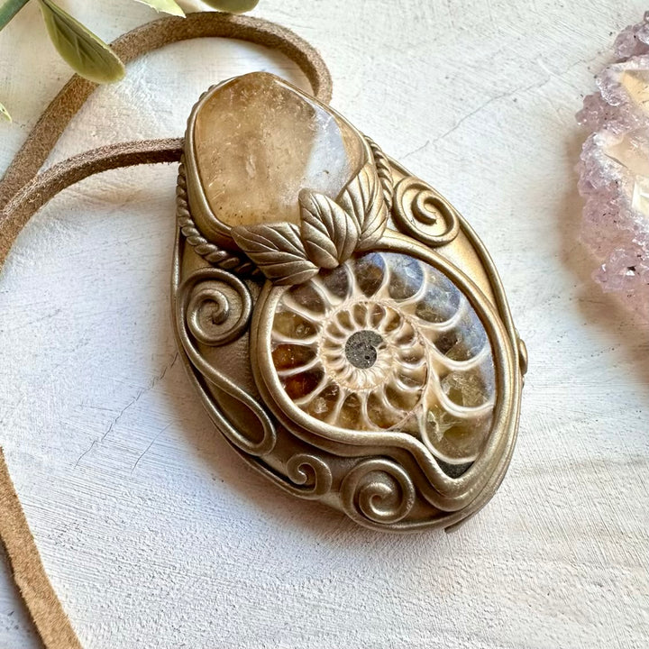 Natural gemstone necklace with ammonite and citrine