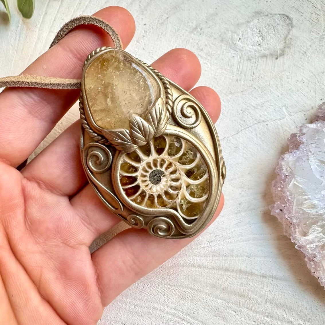 Ammonite and citrine pendant handmade stone necklace