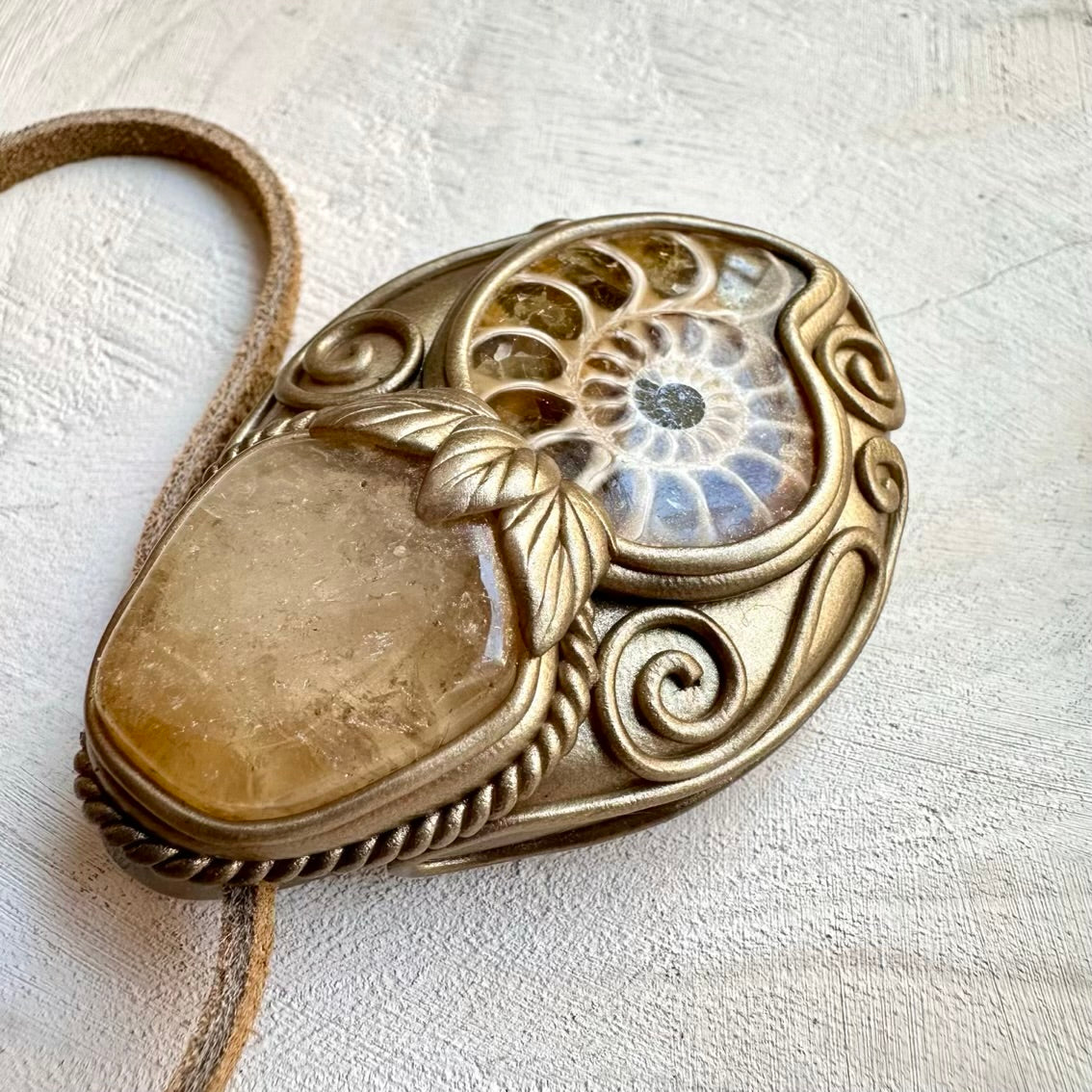 One of a kind ammonite and citrine gemstone necklace