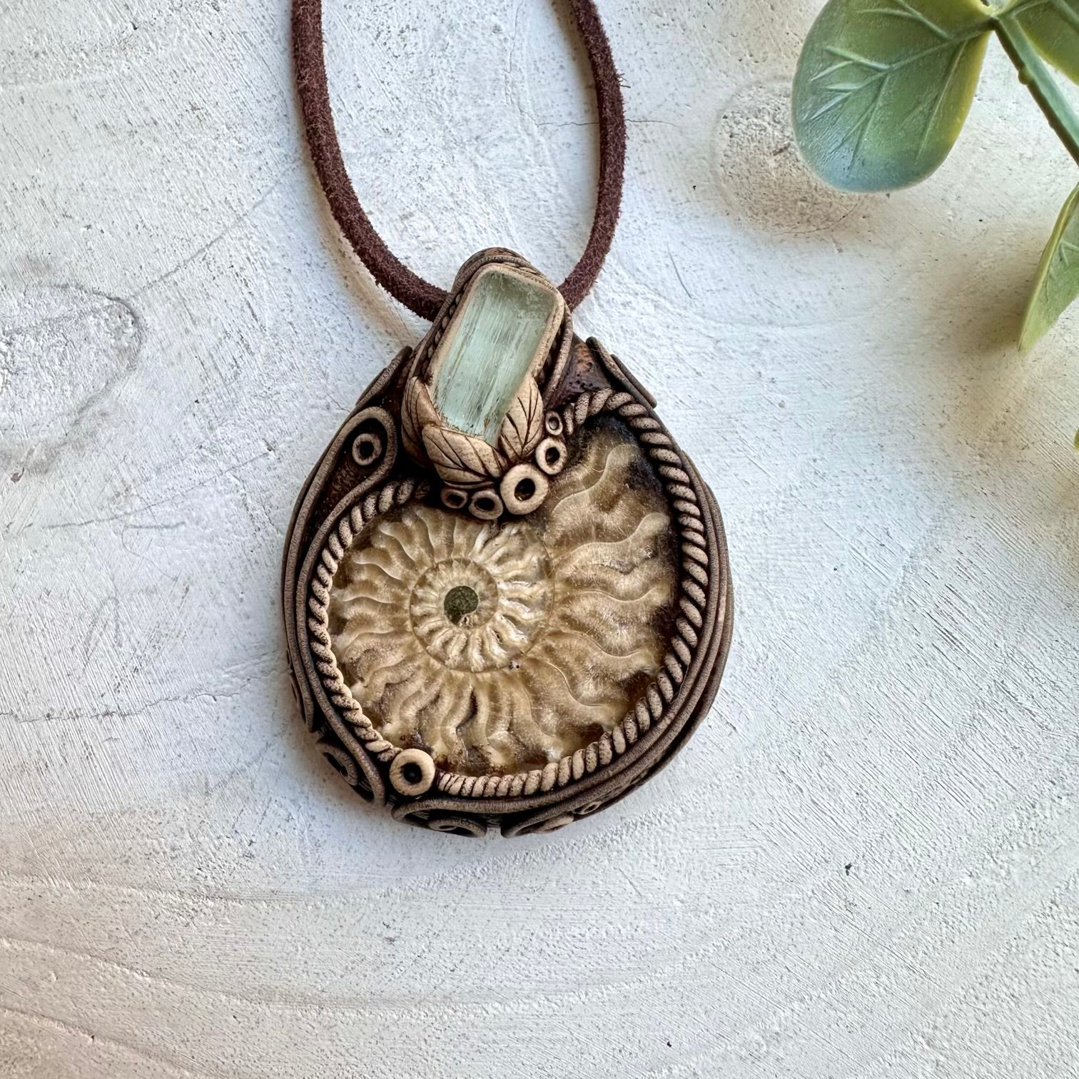 Handmade necklace with ammonite and aquamarine