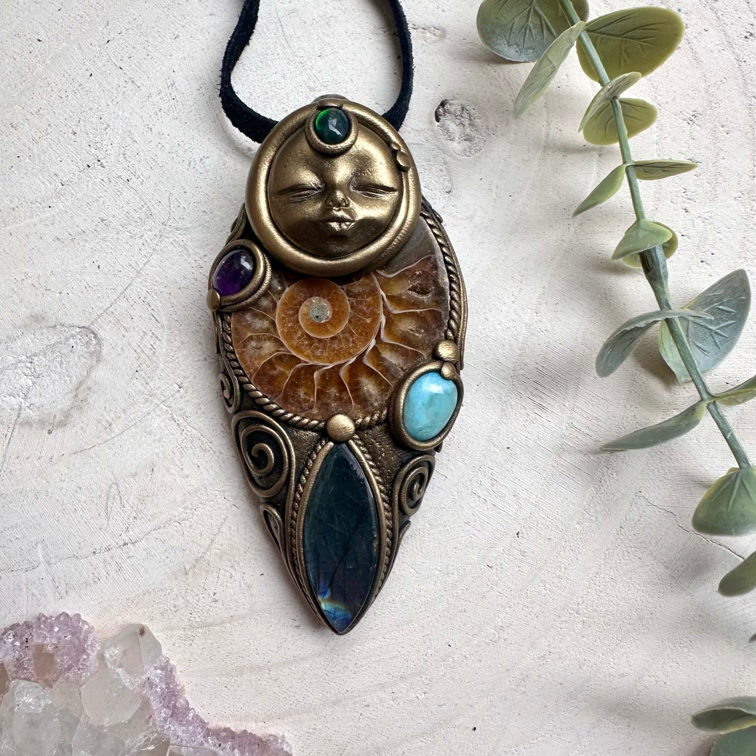 Handmade ammonite fossil necklace with labradorite larimar and opal