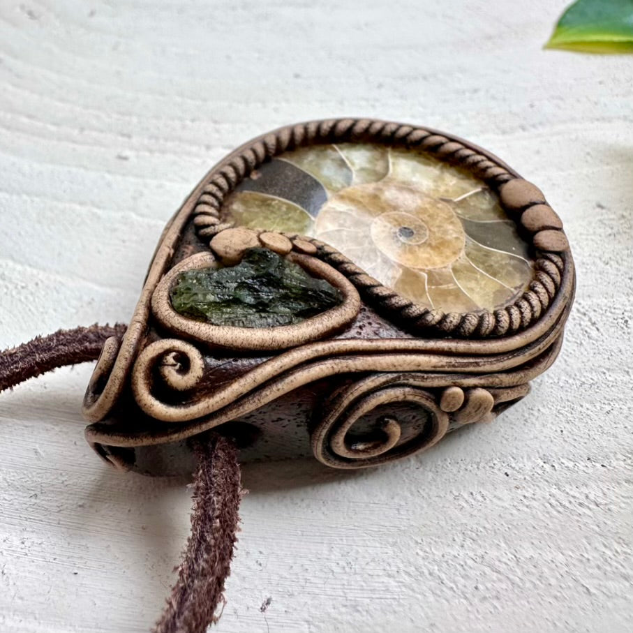 Moldavite and Ammonite unisex crystal necklace
