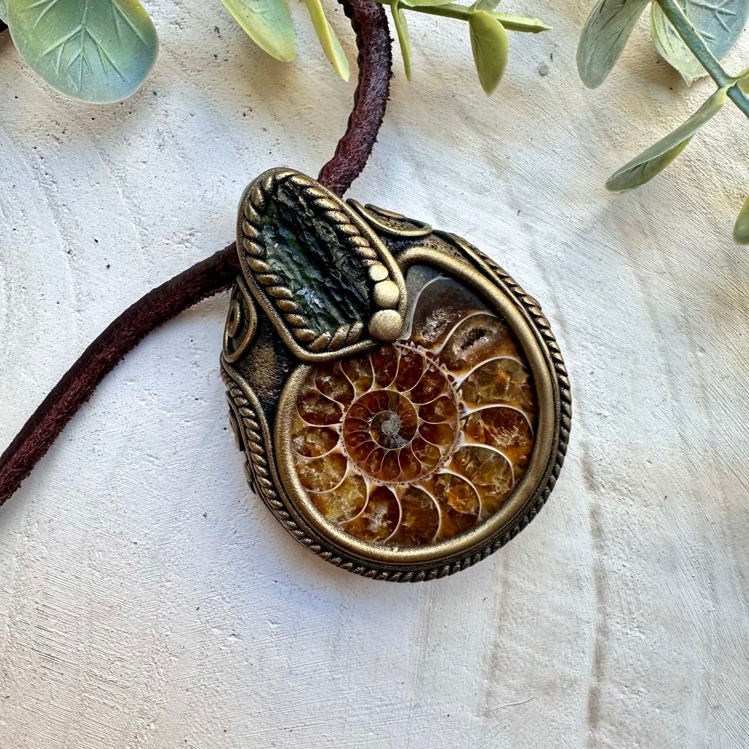 One of a kind moldavite and ammonite fossil necklace