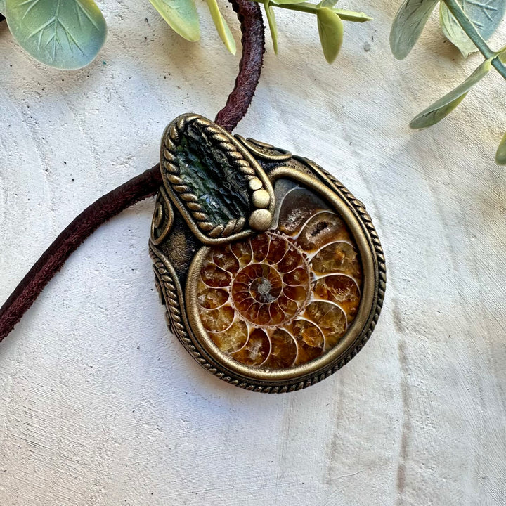 One of a kind moldavite and ammonite fossil necklace