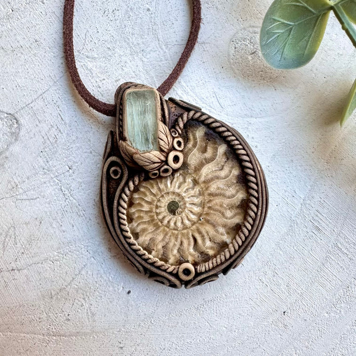 One of a kind ammonite and aquamarine gemstone necklace