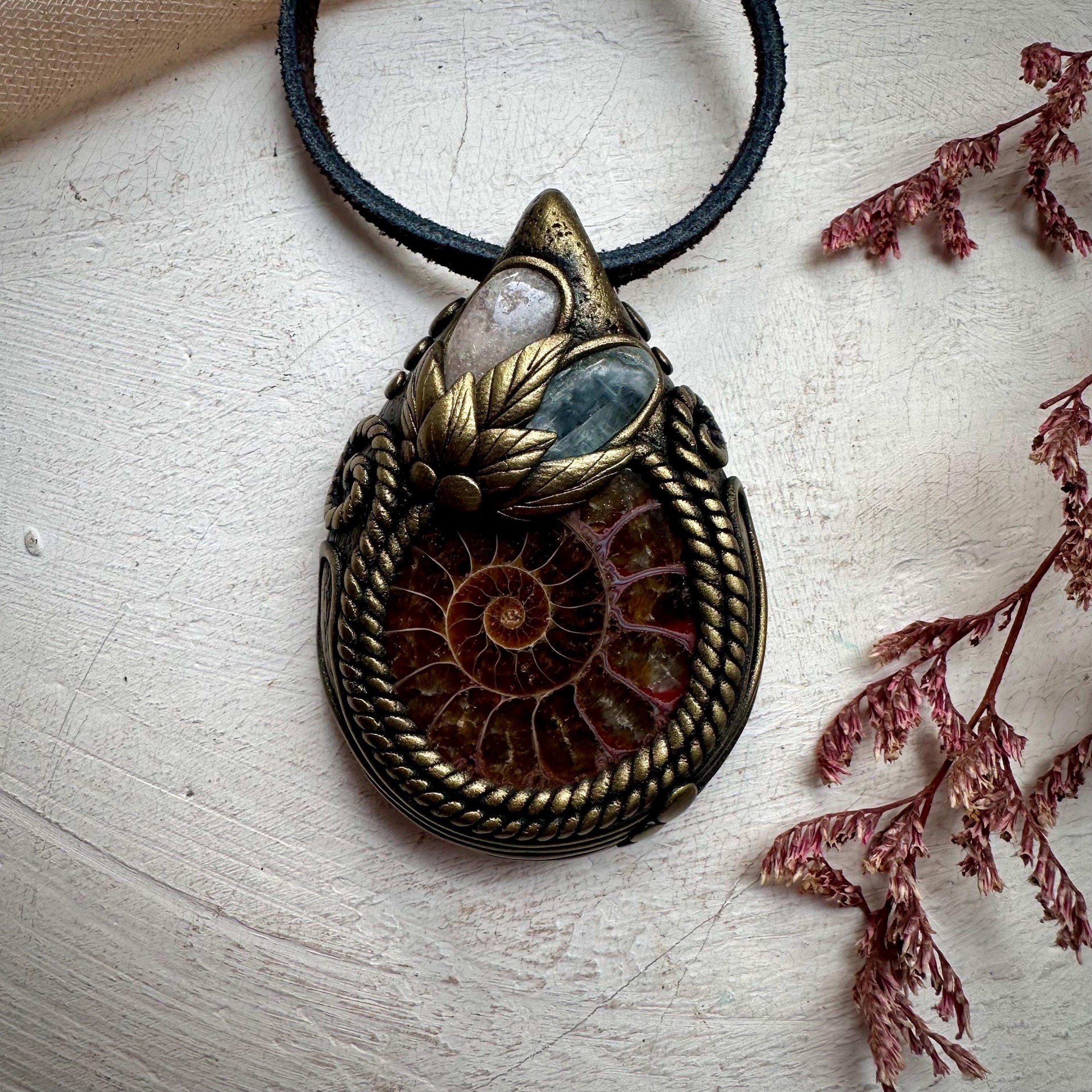 Ammonite Green Kyanite and Morganite Necklace - FairyGardenGlow