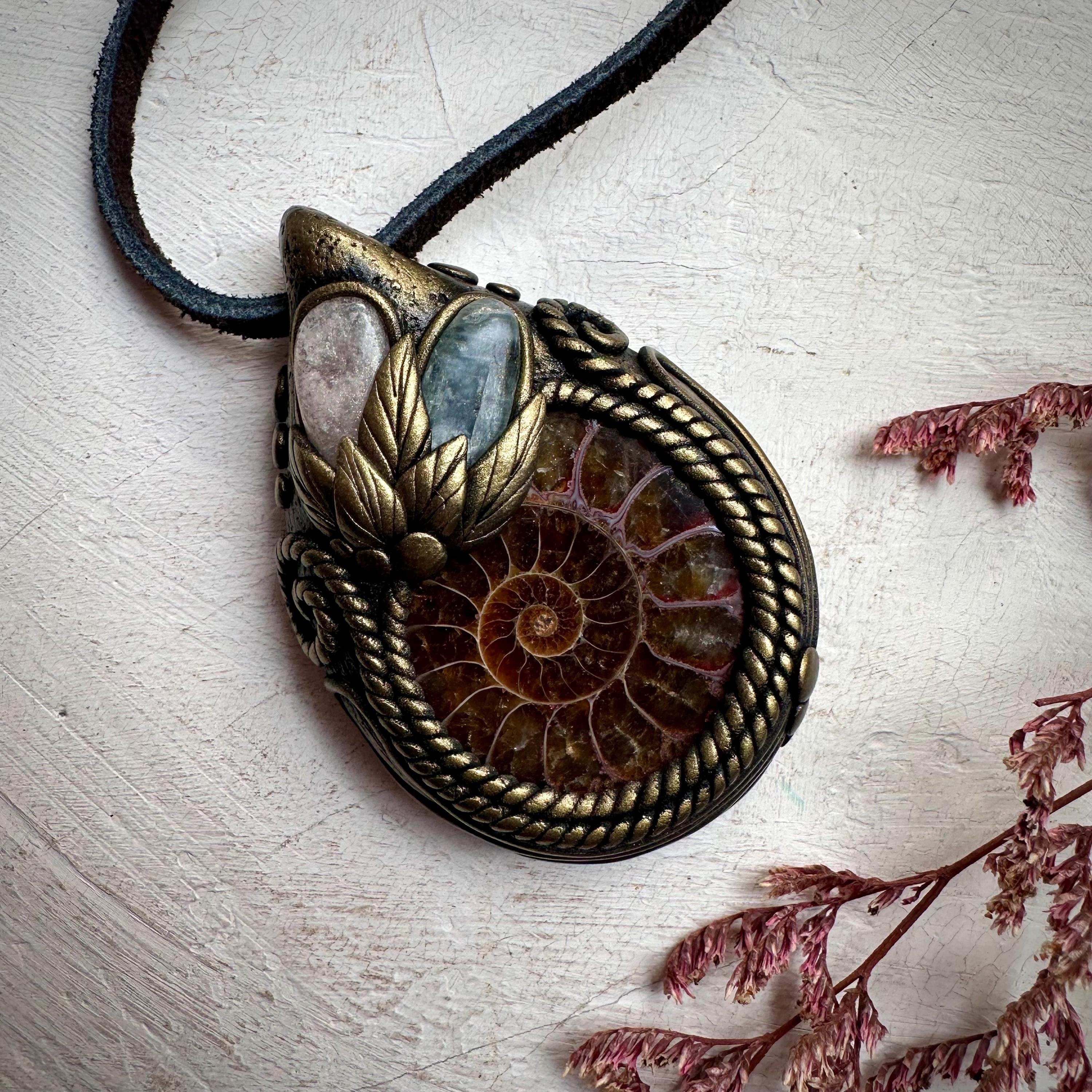 Ammonite Green Kyanite and Morganite Necklace - FairyGardenGlow