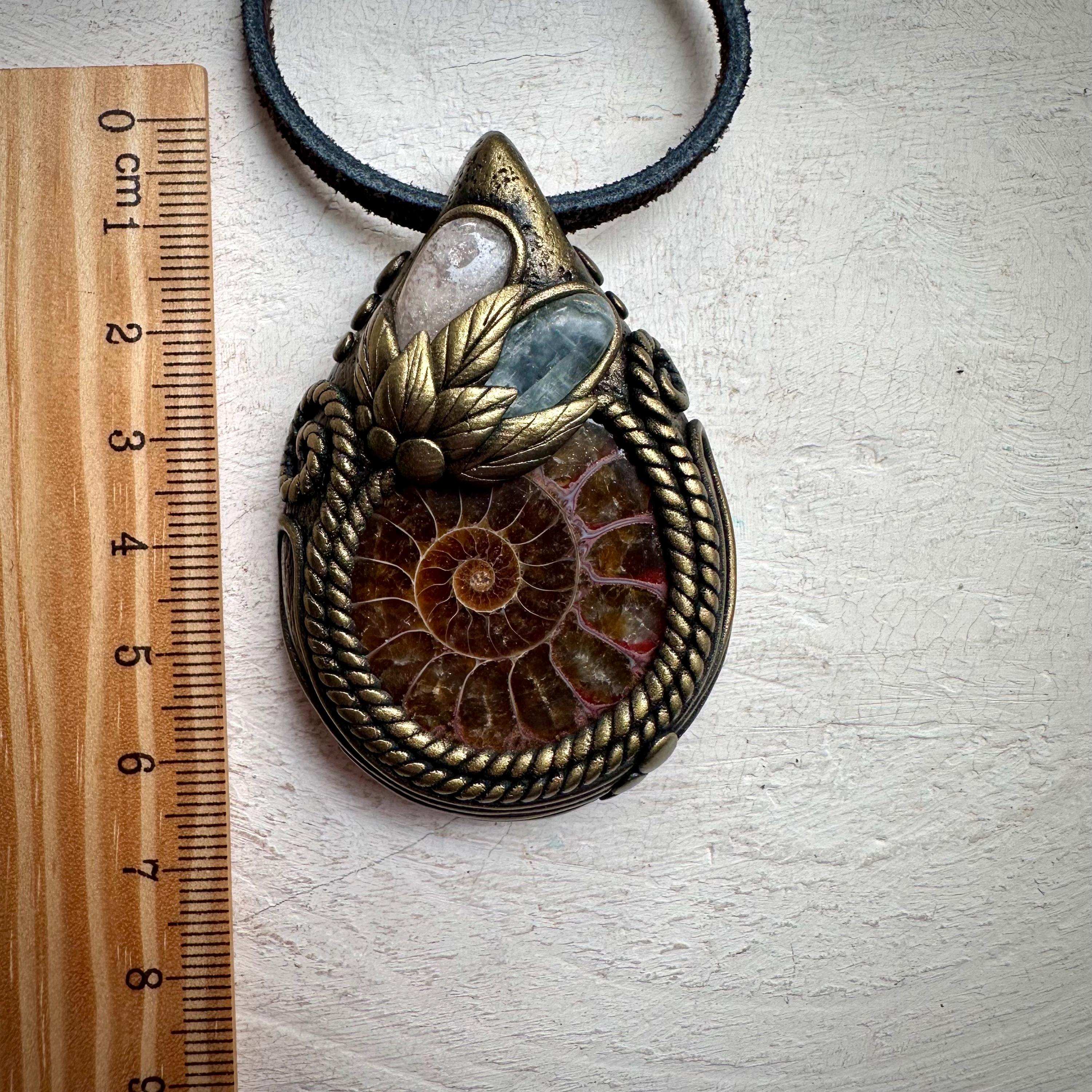 Ammonite Green Kyanite and Morganite Necklace - FairyGardenGlow