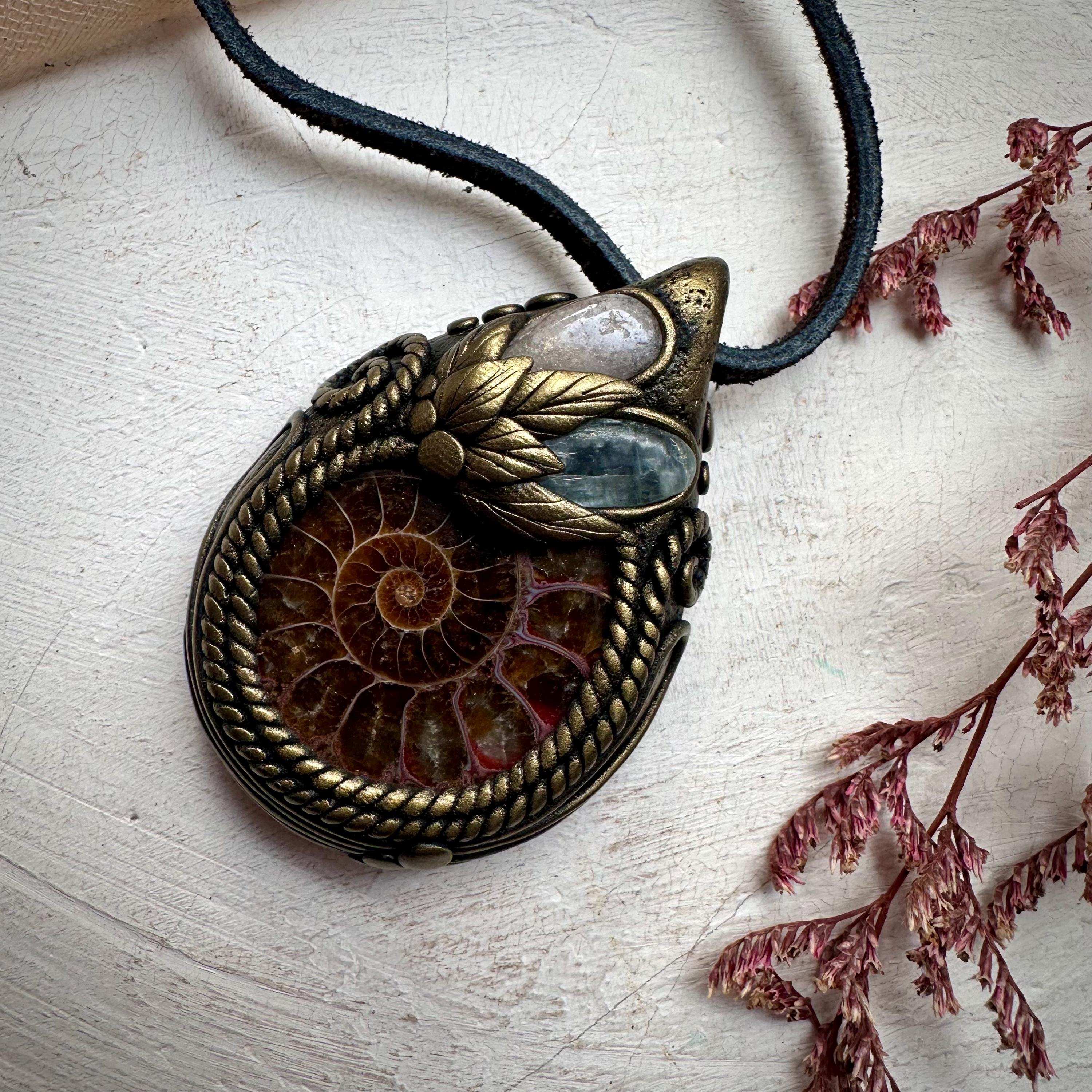 Ammonite Green Kyanite and Morganite Necklace - FairyGardenGlow