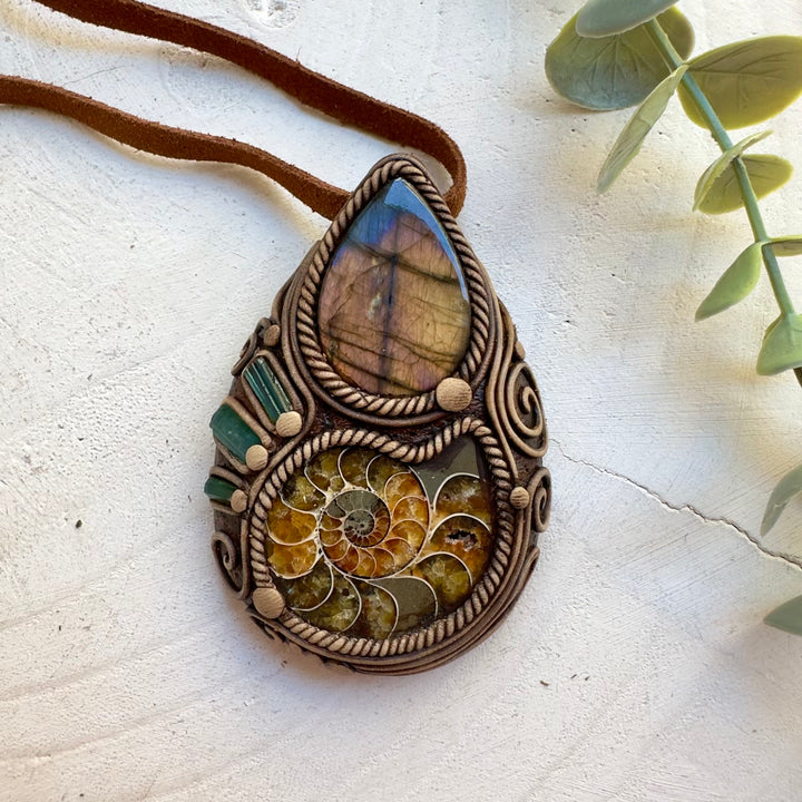 Healing crystal jewelry featuring labradorite, ammonite fossil and green tourmaline