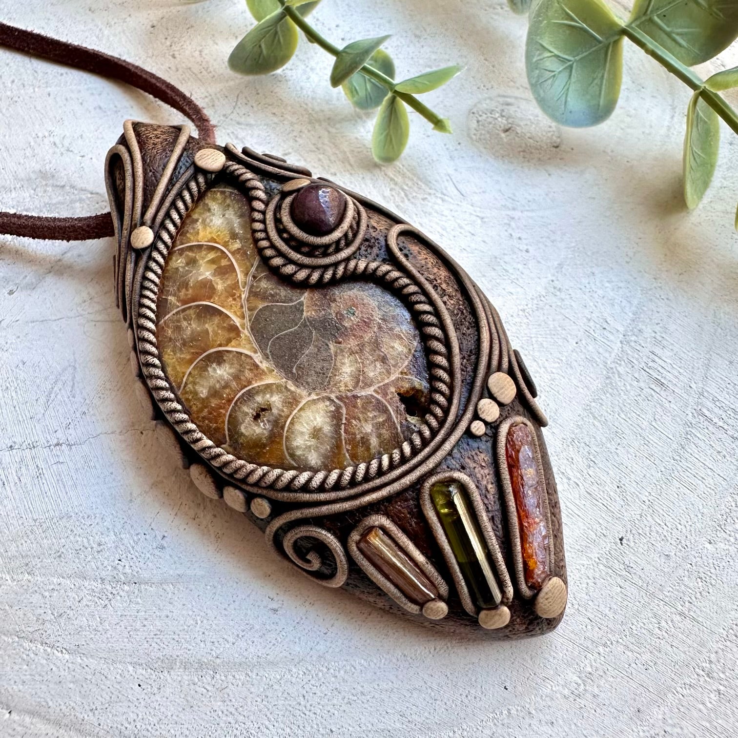 One of a kind ammonite and garnet gemstone necklace
