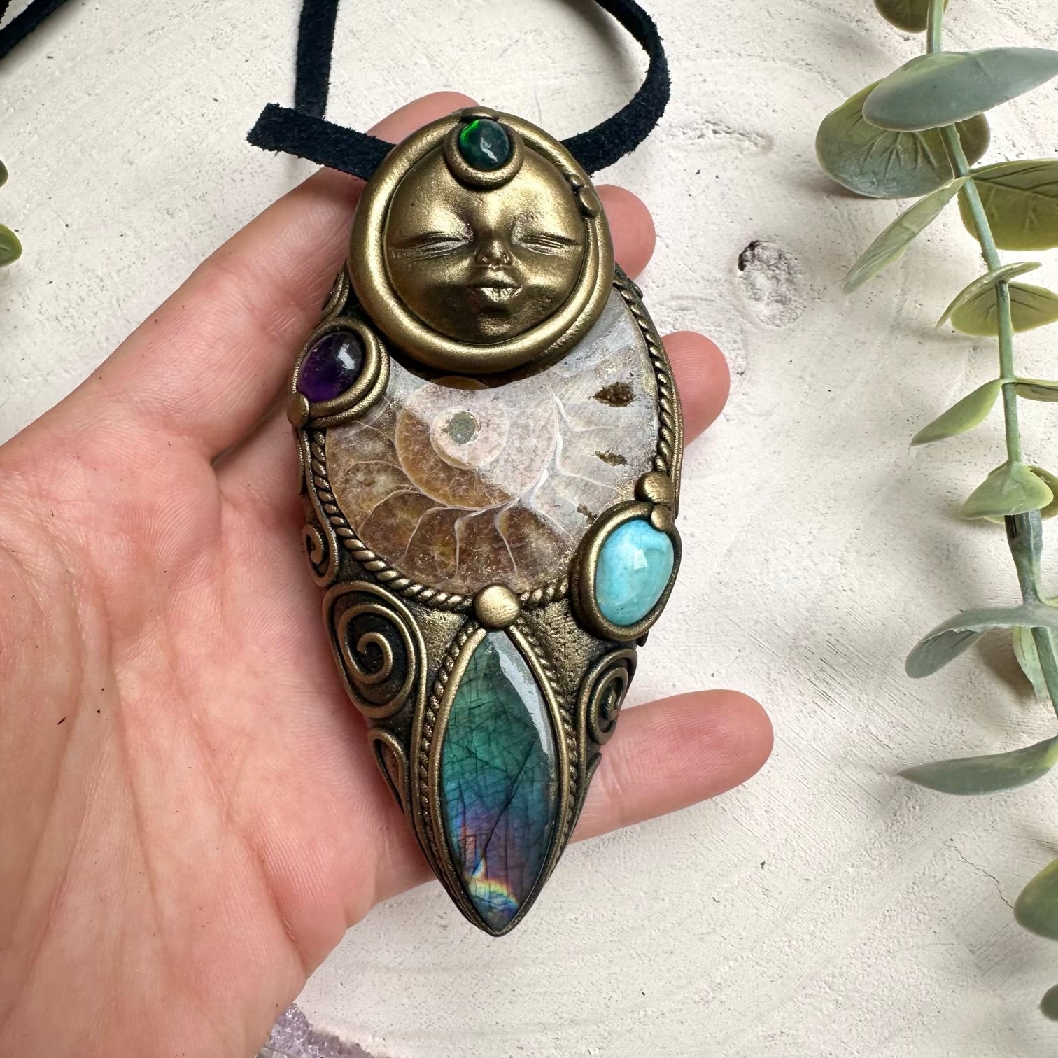 Goddess healing crystal amulet with ammonite fossil labradorite larimar amethyst and black Ethiopian opal necklace