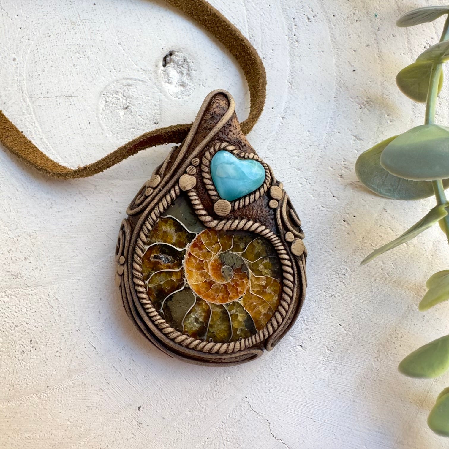 Ammonite fossil and Larimar heart necklace handmade with natural gemstones