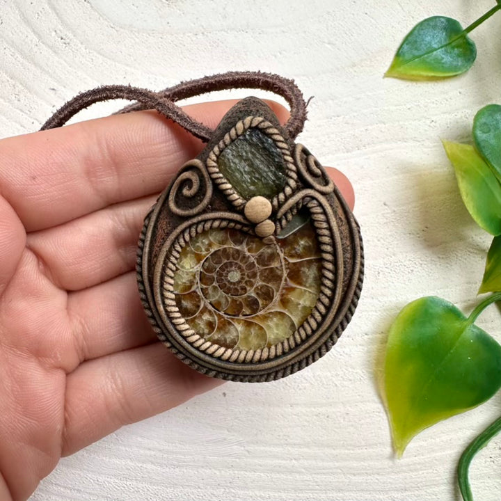Boho style Ammonite and Moldavite crystal pendant