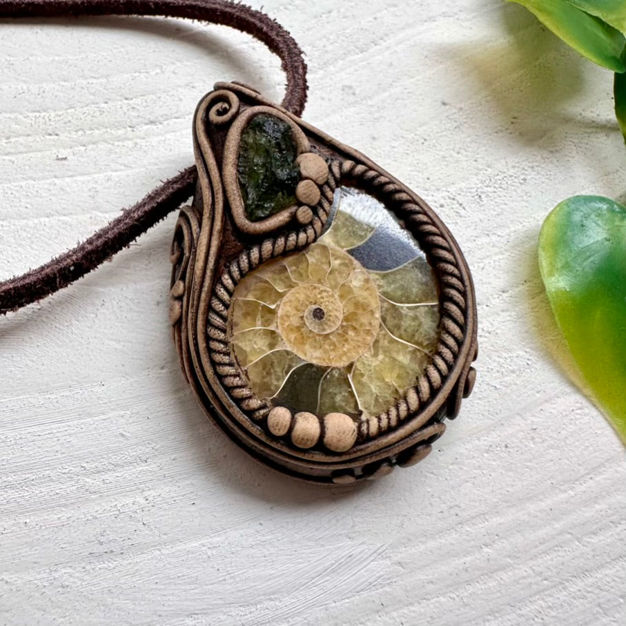 Raw Moldavite with Ammonite fossil healing crystal jewelry