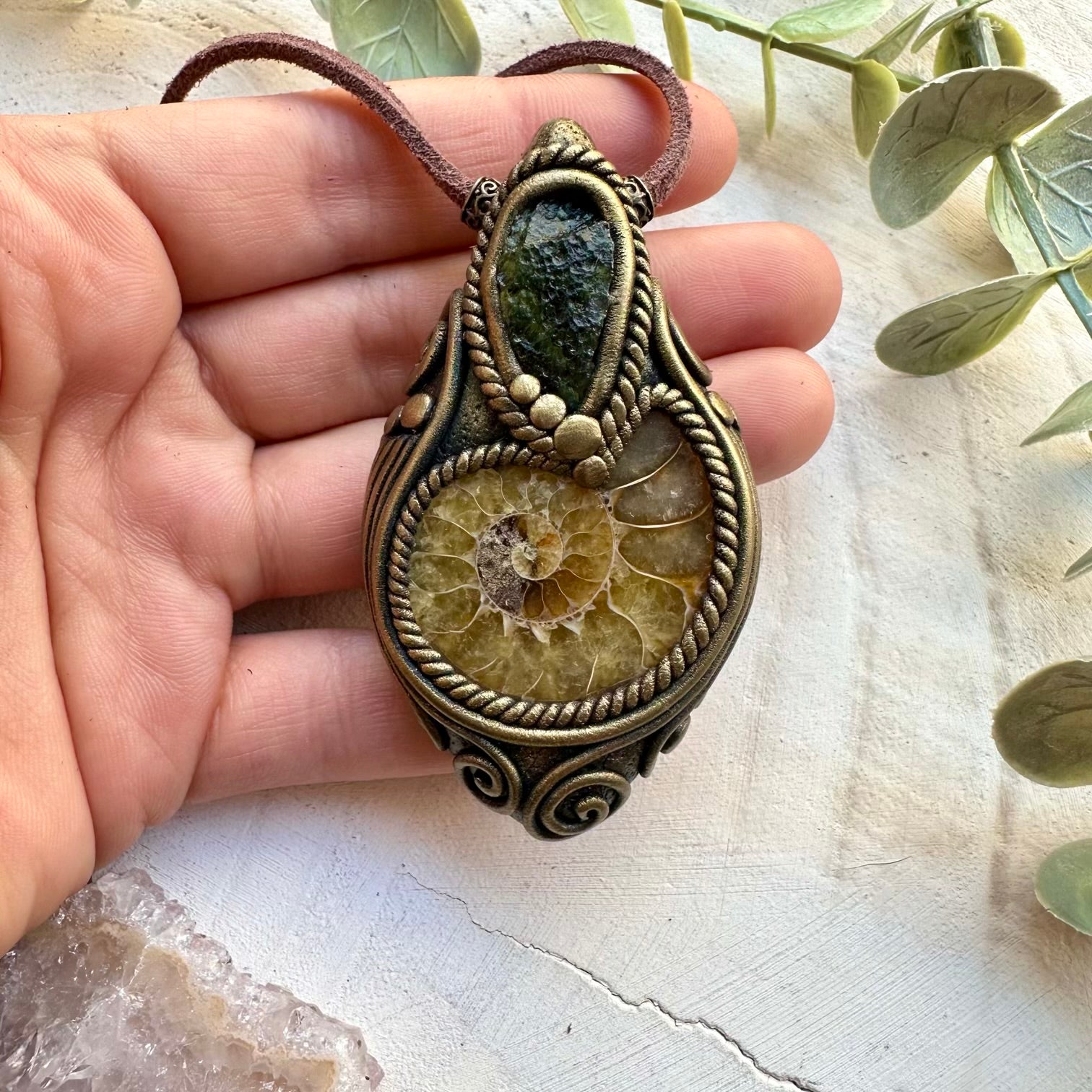 Ammonite and moldavite healing crystal necklace protection jewelry
