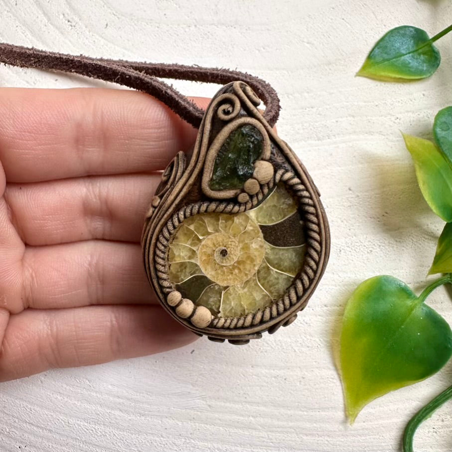 Ammonite and Moldavite pendant necklace – unisex handmade jewelry