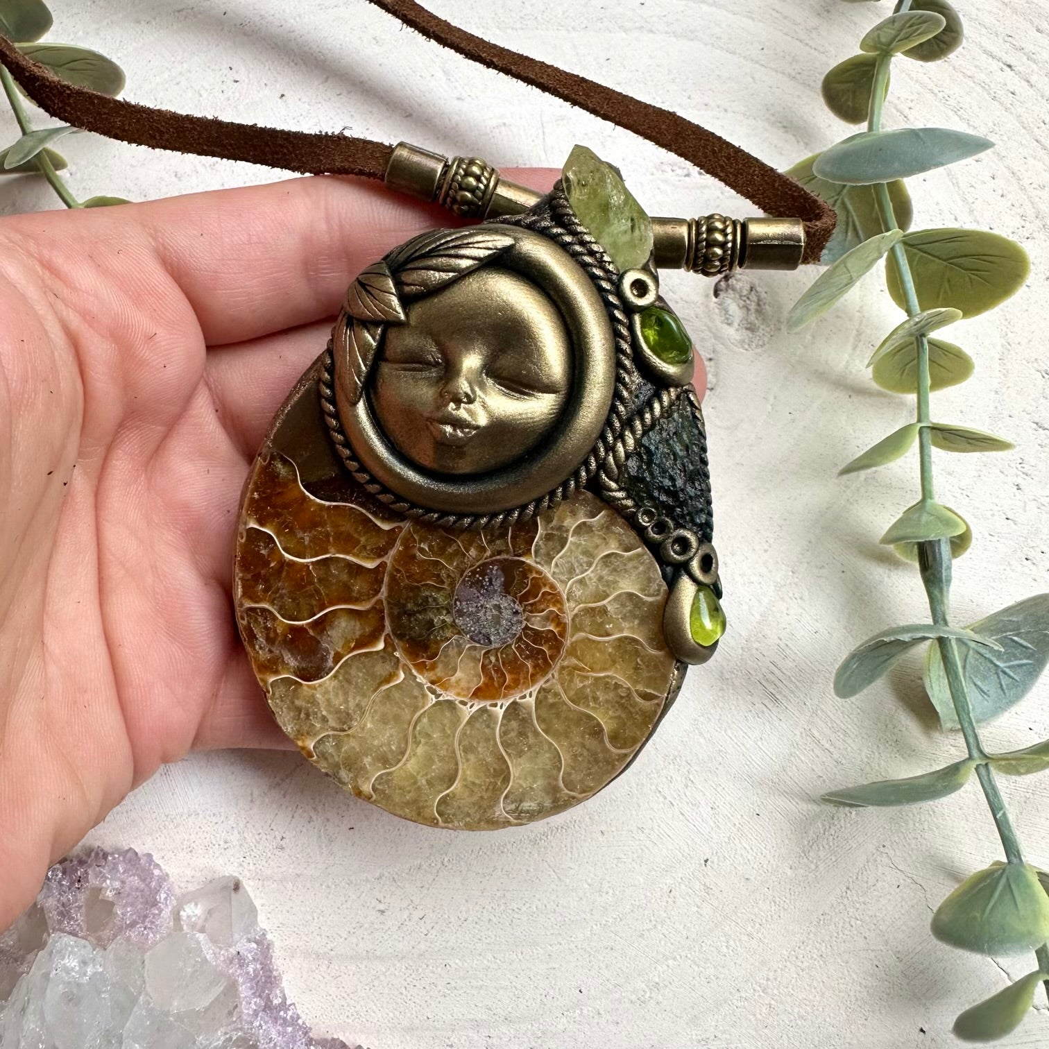 Handmade ammonite necklace with moldavite and peridot gemstones