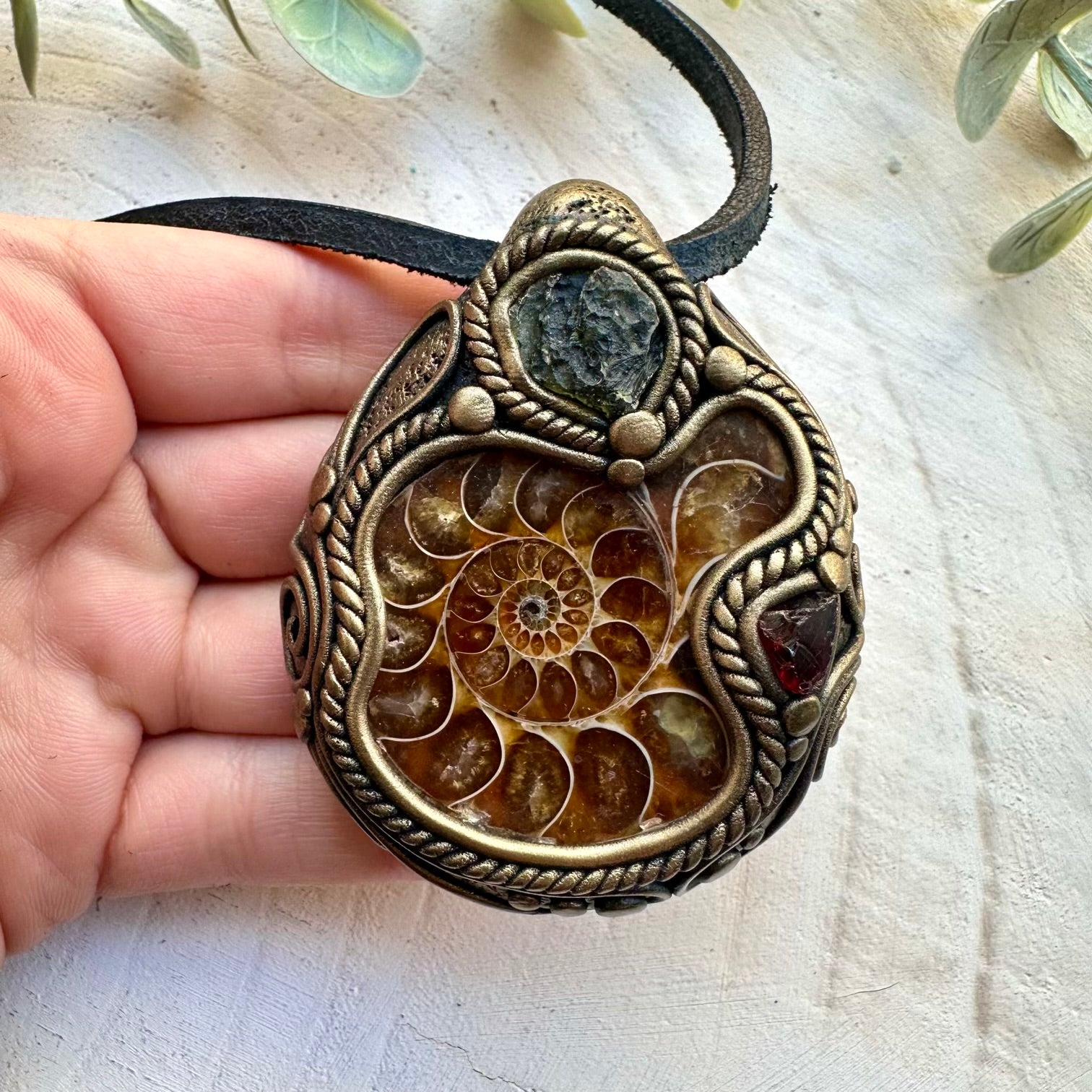 Ammonite moldavite and red garnet pendant necklace