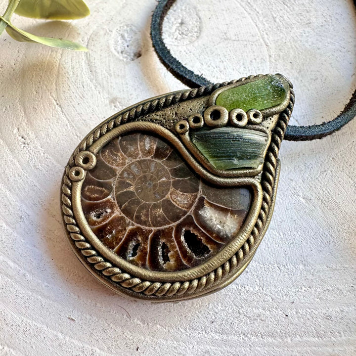 Unique unisex jewelry featuring Ammonite with vibrant green Peridot and distinctive Moldavite.