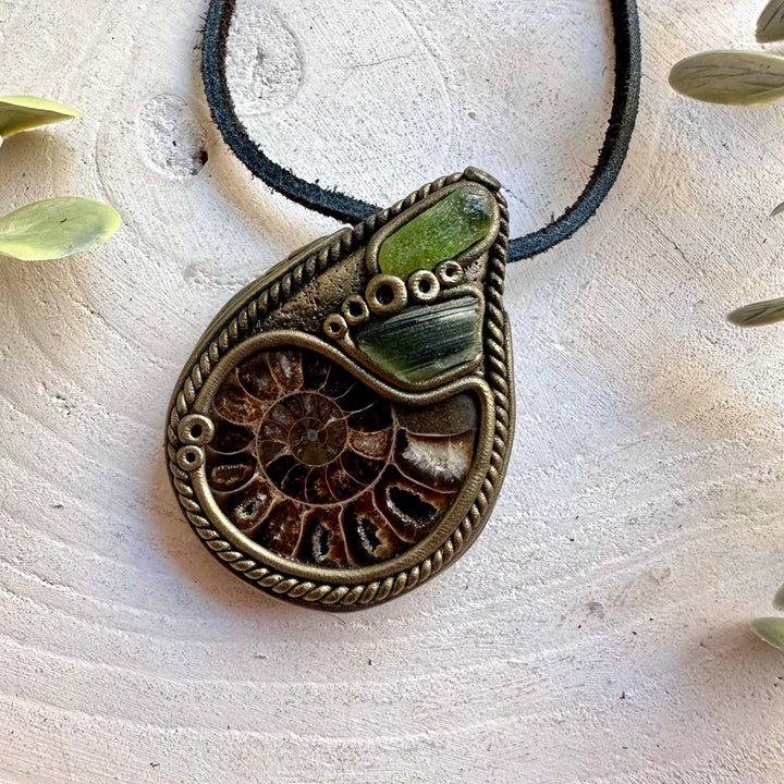 Spiritual gemstone necklace handcrafted with Ammonite, Peridot and Moldavite.