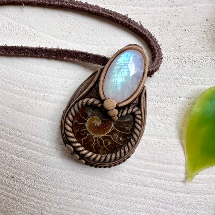 Ammonite and Rainbow Moonstone pendant necklace – fossil and gemstone jewelry