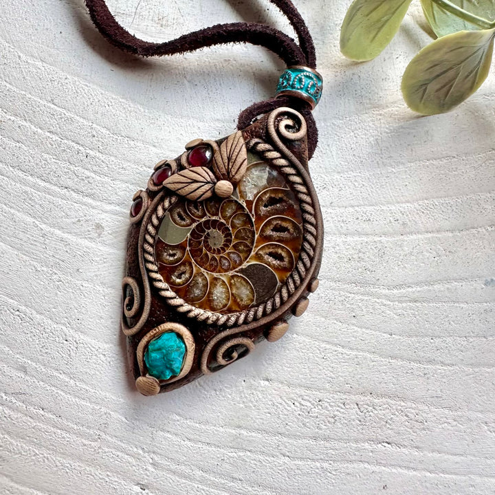 Handmade Ammonite with Raw Chrysocolla and Rhodolite Garnet pendant featuring natural spiritual crystals