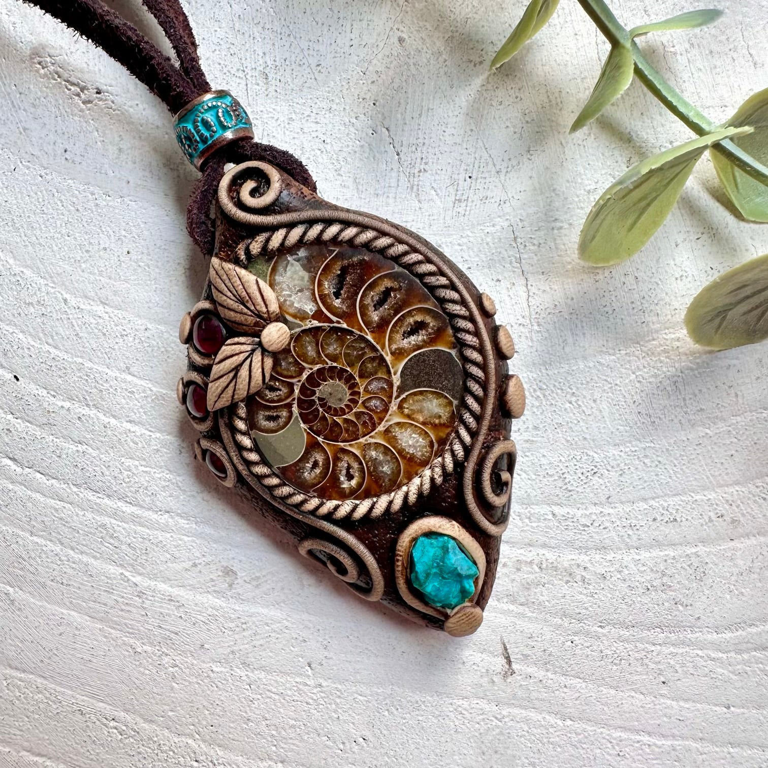 Ammonite Raw Chrysocolla and Rhodolite Garnet crystal talisman necklace 