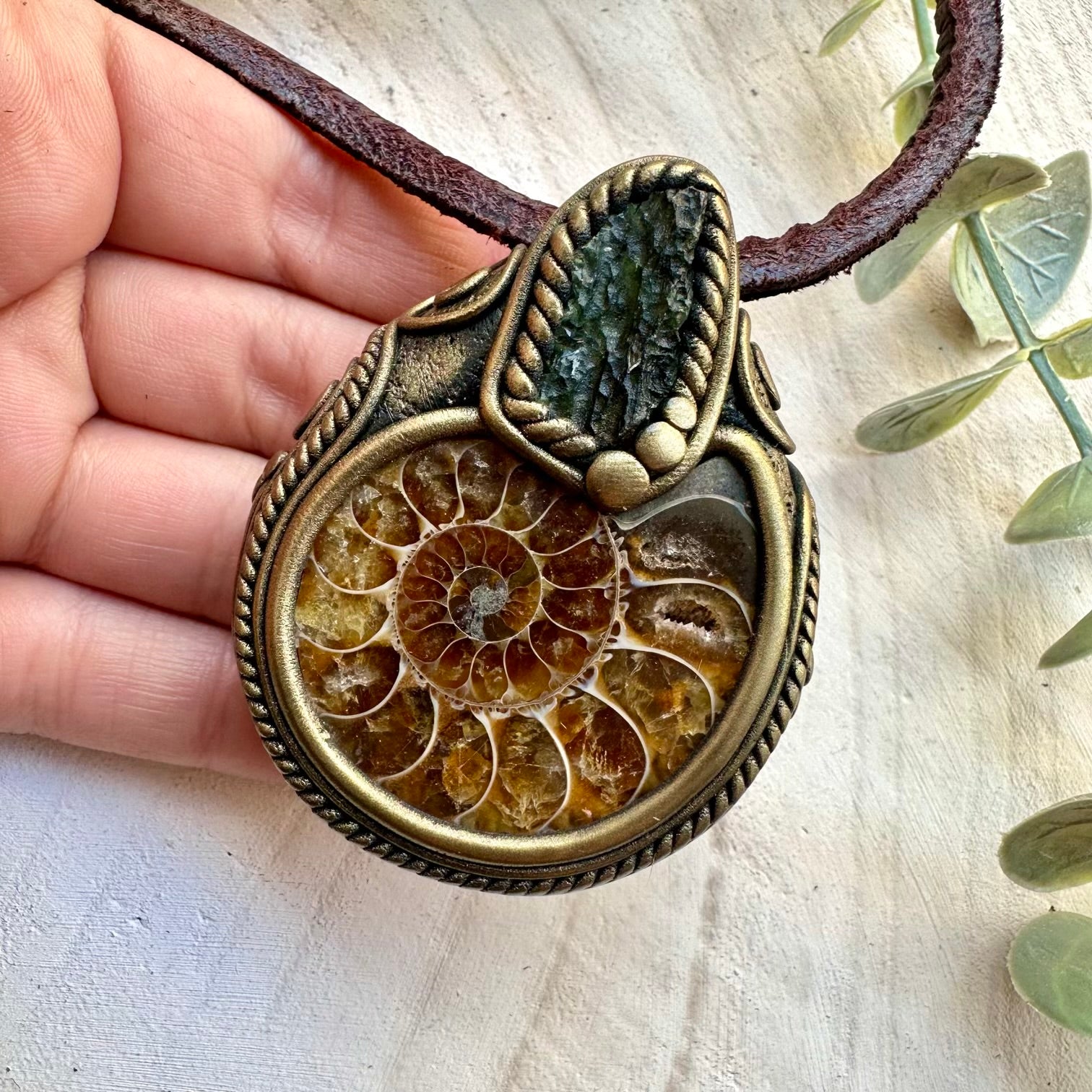 Ammonite and raw moldavite healing crystal pendant necklace