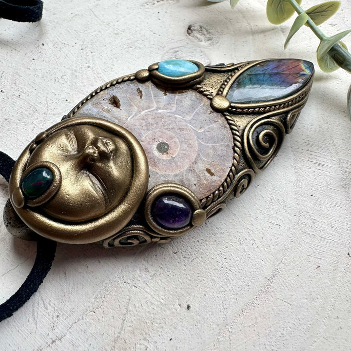 Handmade goddess talisman necklace with ammonite fossil