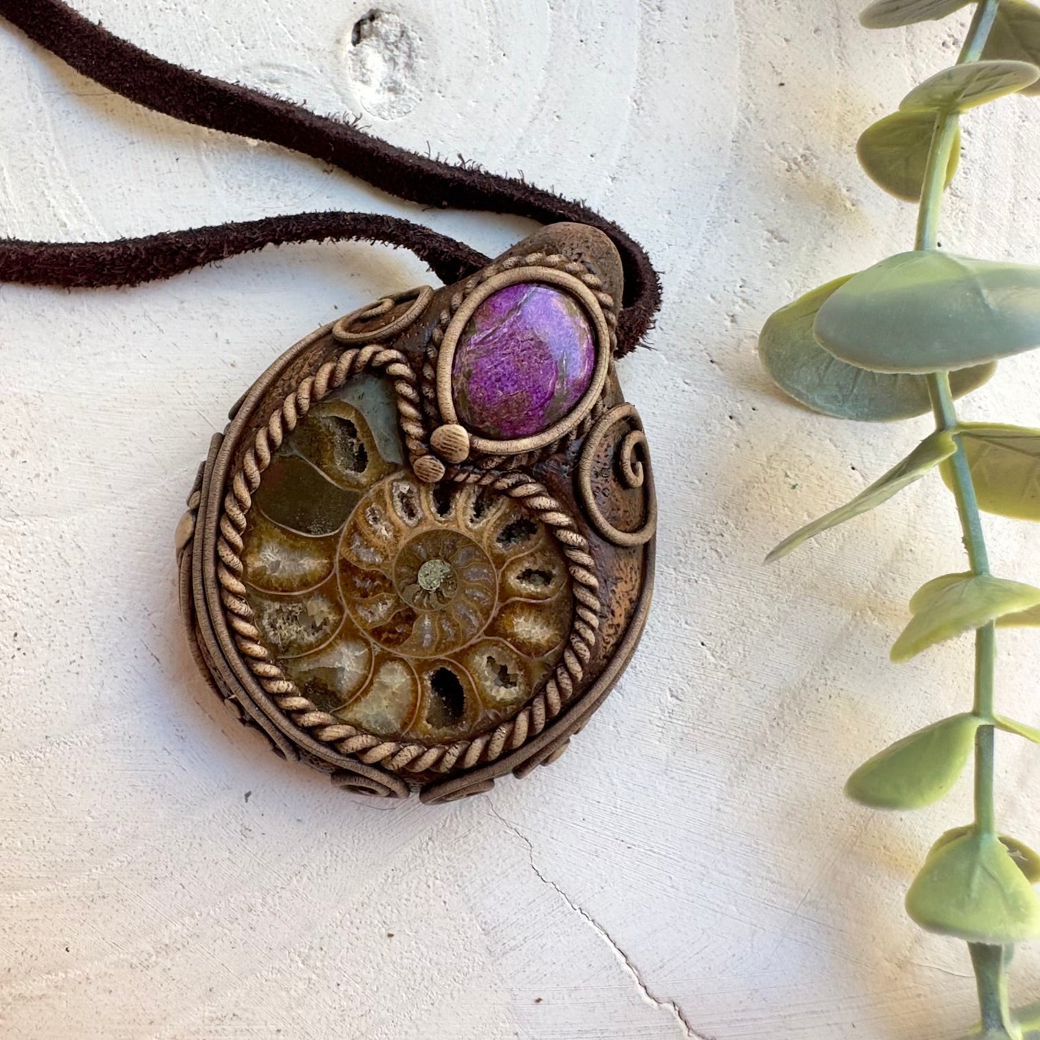 Ammonite and Stichtite pendant necklace handmade with natural fossil and crystal
