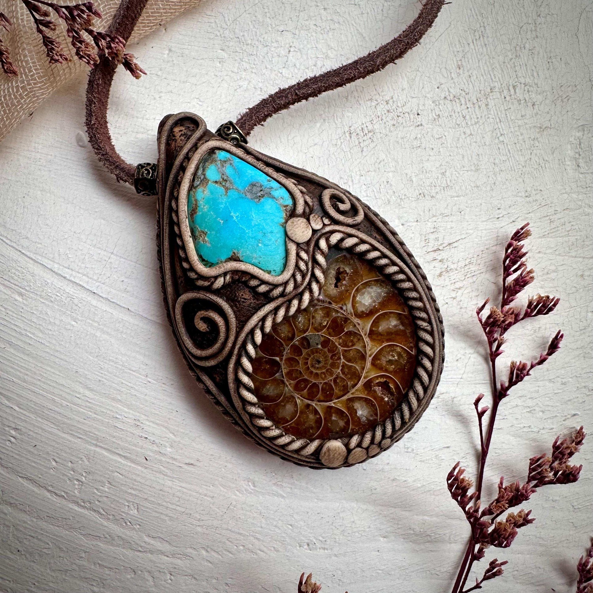 Ammonite and Turquoise Pendant Necklace - FairyGardenGlow