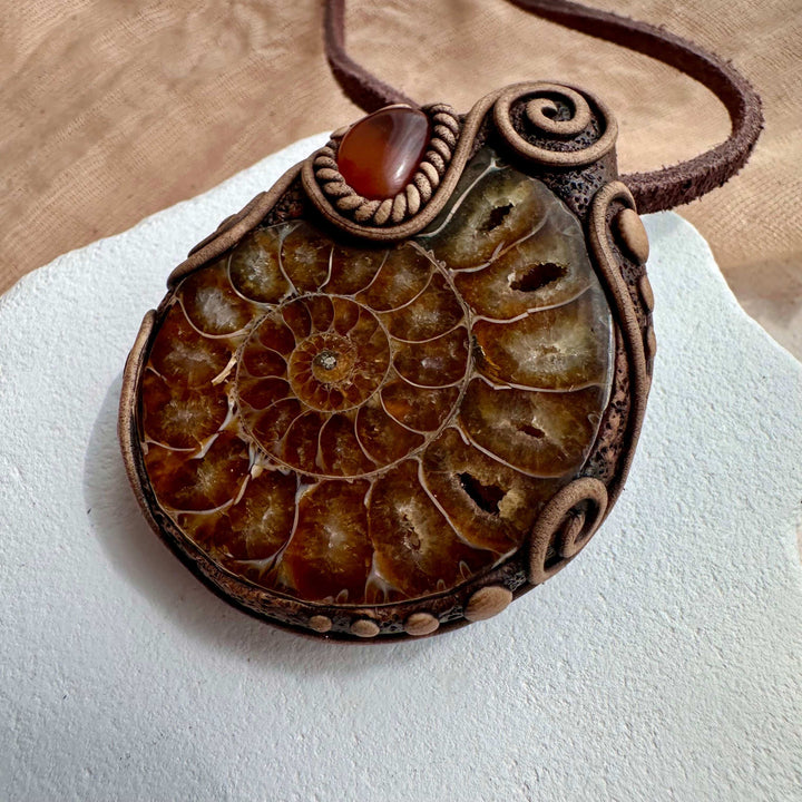Ammonite and Amber Necklace - FairyGardenGlow