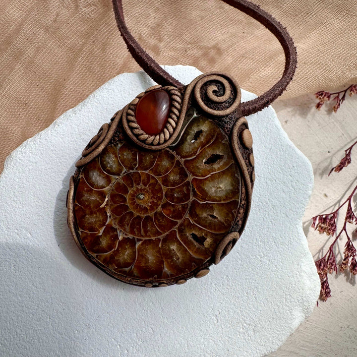Ammonite and Amber Necklace - FairyGardenGlow