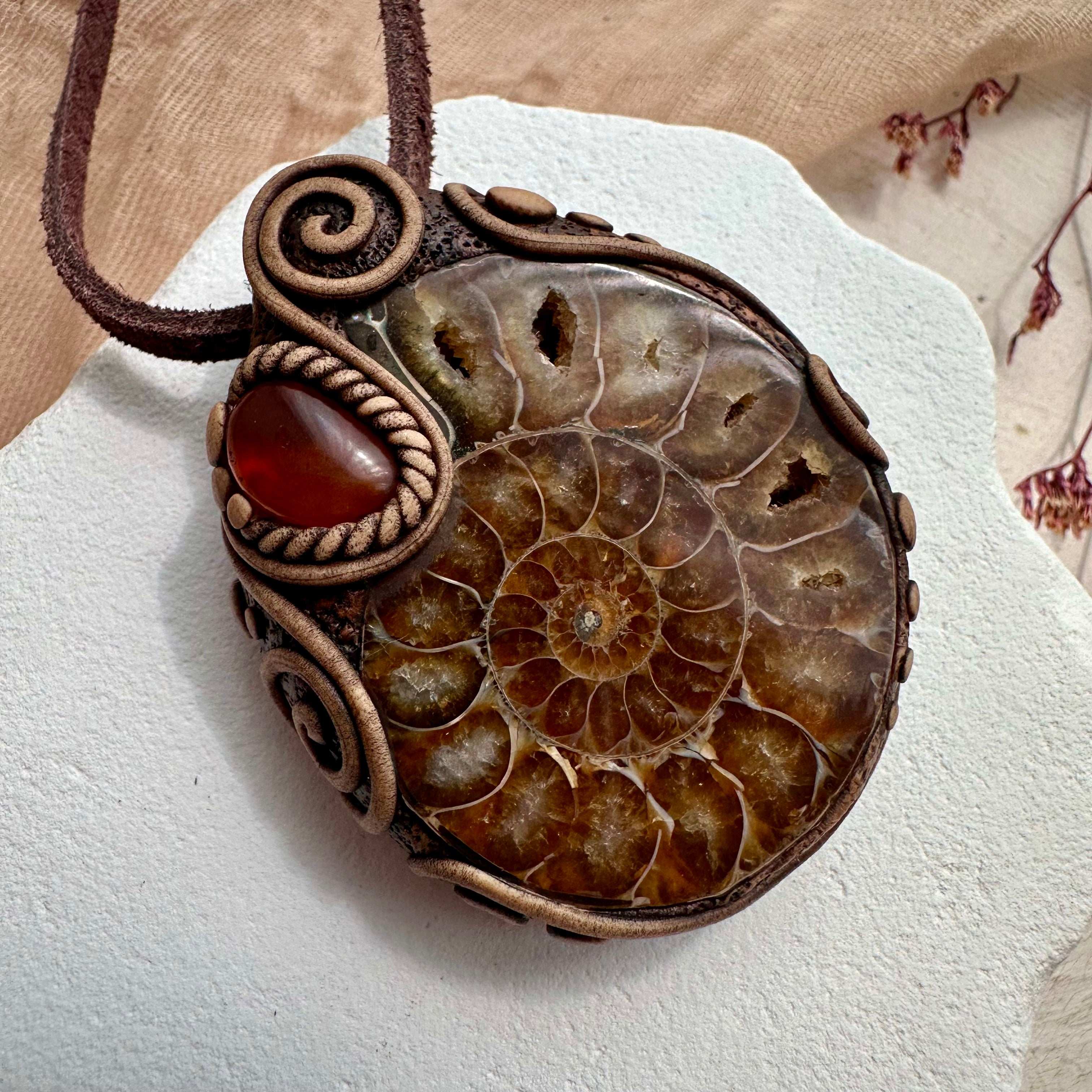 Ammonite and Amber Necklace - FairyGardenGlow