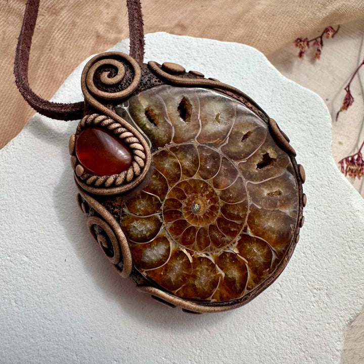 Ammonite and Amber Necklace - FairyGardenGlow