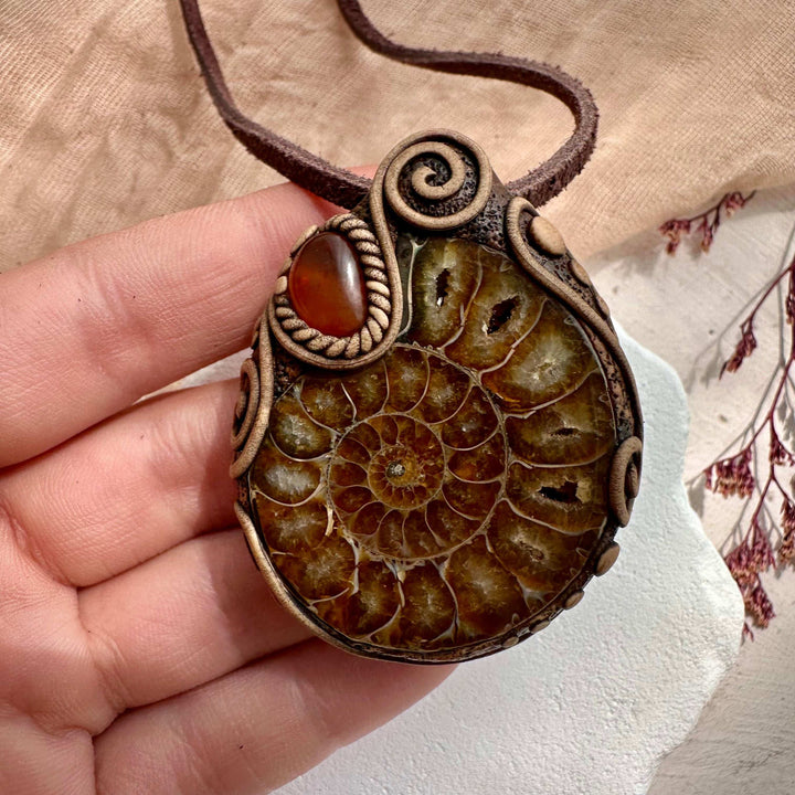 Ammonite and Amber Necklace - FairyGardenGlow