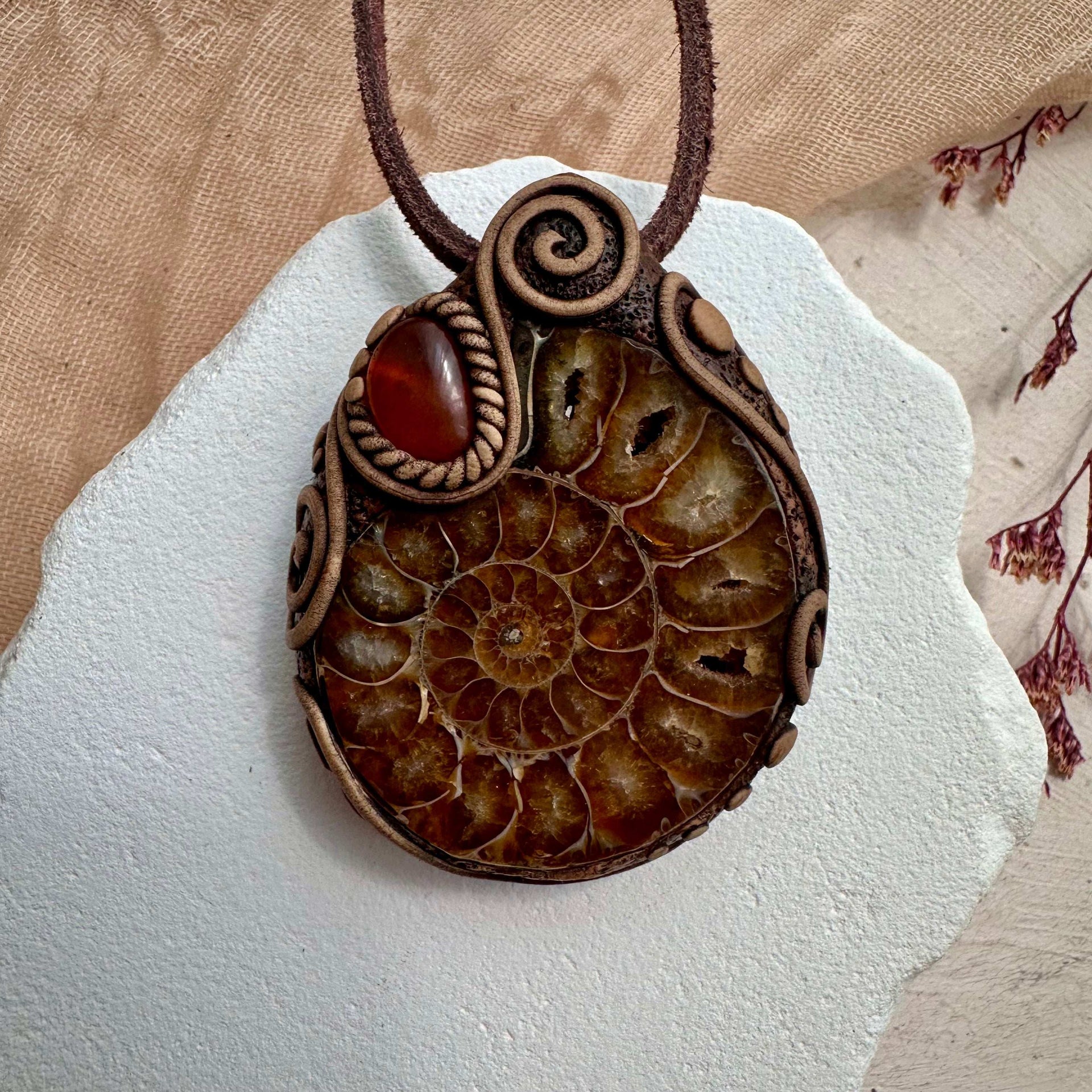 Ammonite and Amber Necklace - FairyGardenGlow