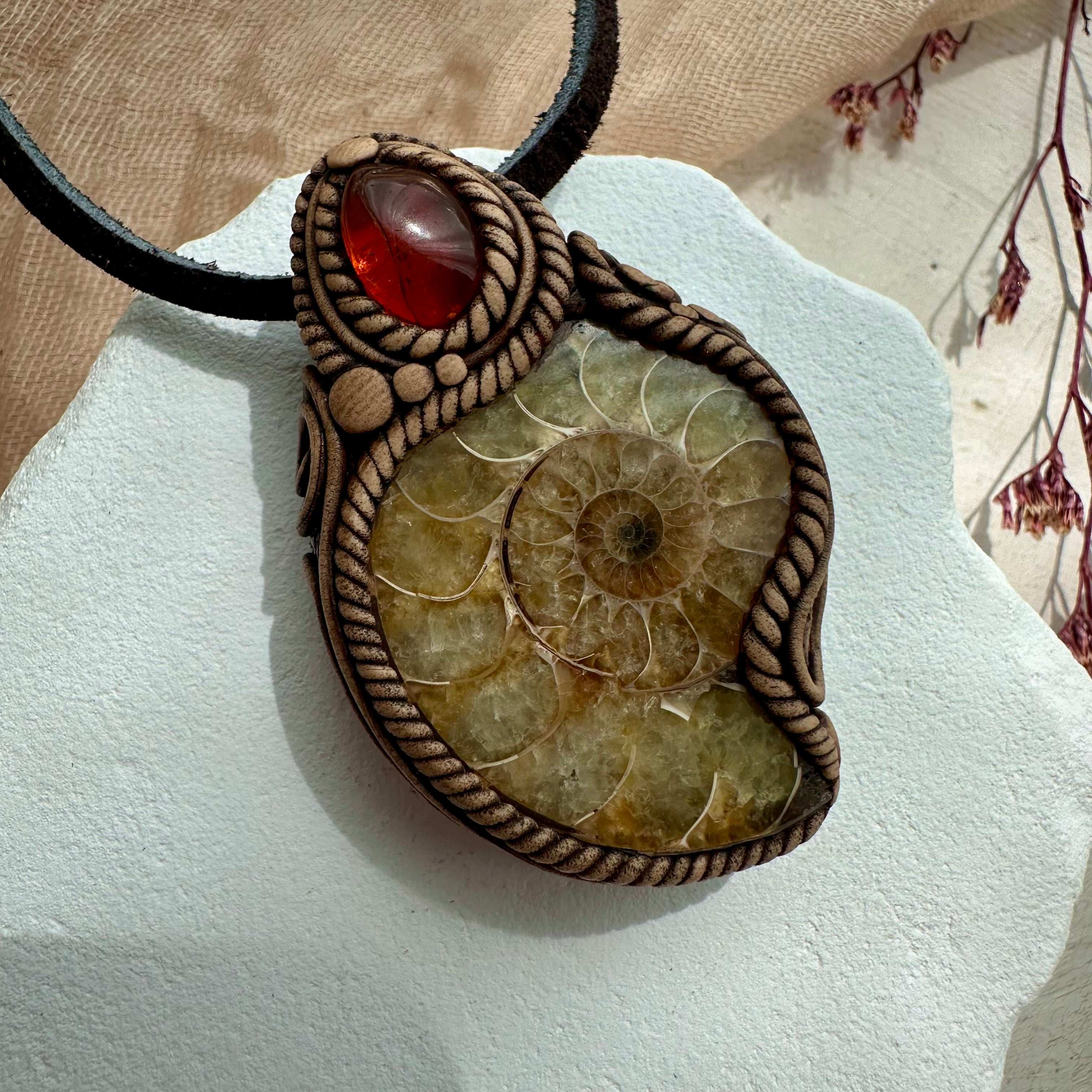 Ammonite and Baltic Amber Pendant - FairyGardenGlow