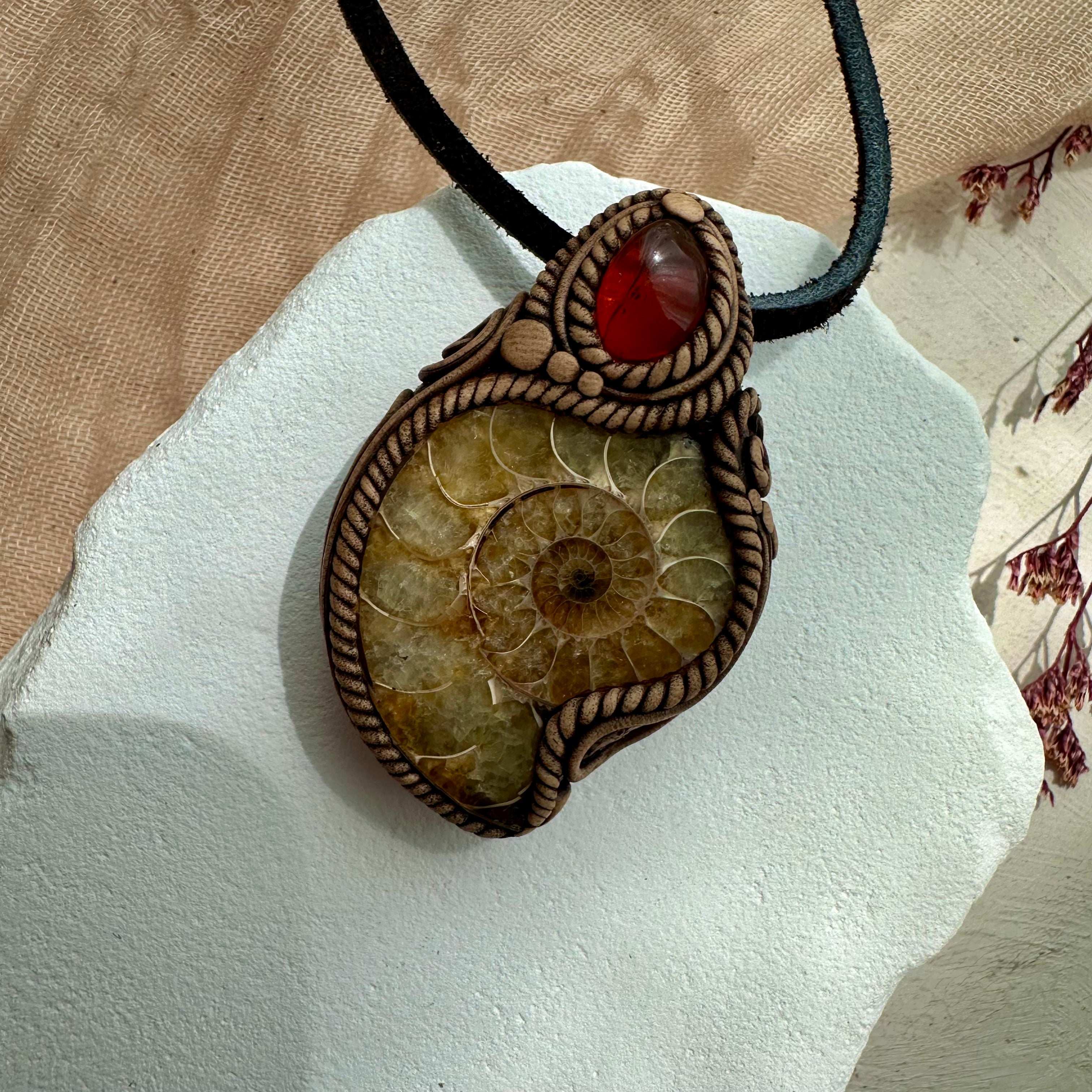 Ammonite and Baltic Amber Pendant - FairyGardenGlow