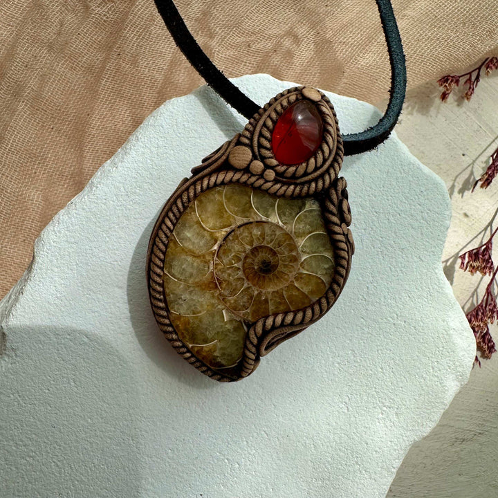 Ammonite and Baltic Amber Pendant - FairyGardenGlow