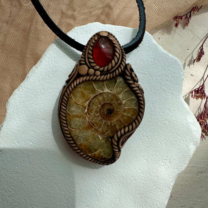 Ammonite and Baltic Amber Pendant - FairyGardenGlow