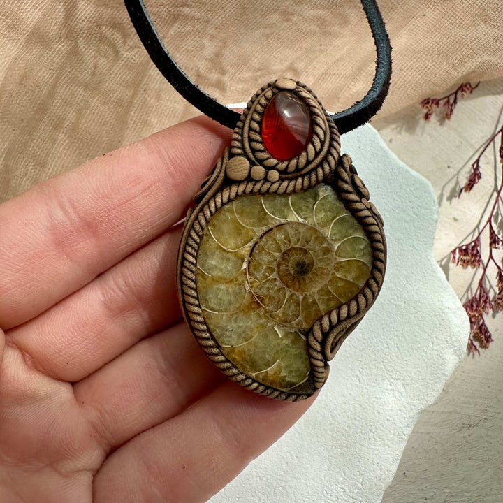 Ammonite and Baltic Amber Pendant - FairyGardenGlow