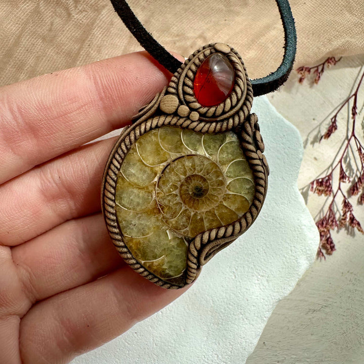 Ammonite and Baltic Amber Pendant - FairyGardenGlow